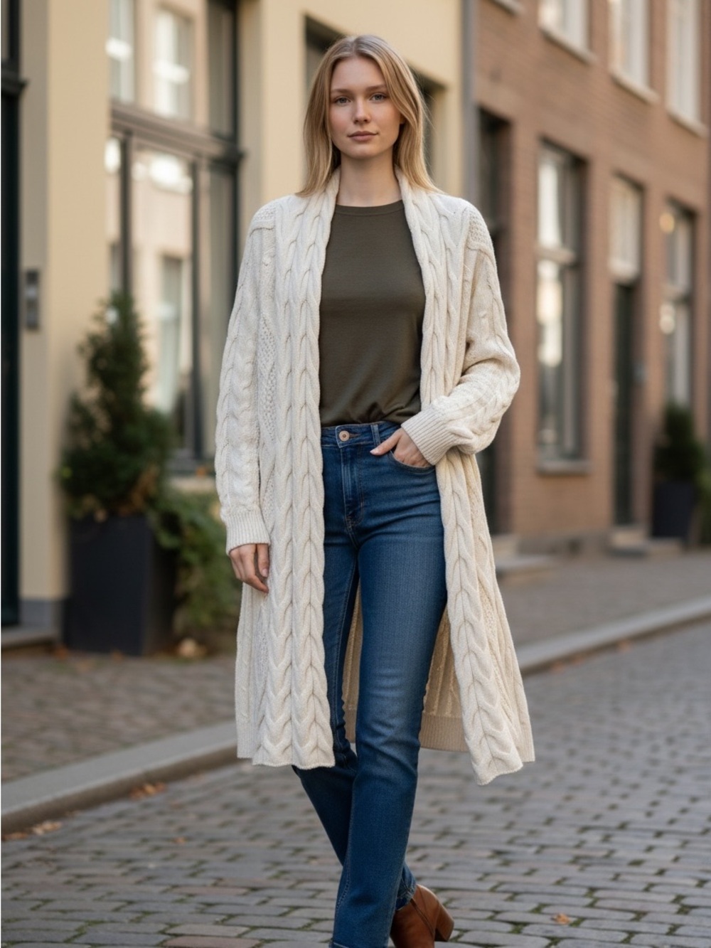 J. Jill Ivory Chunky Cable Knit Open Front Cardigan Sweater - Size L